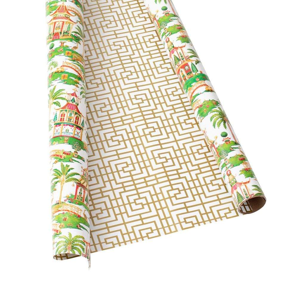 Christmas Pagodas Reversible Gift Wrapping Paper in White - 30" x 8' Roll