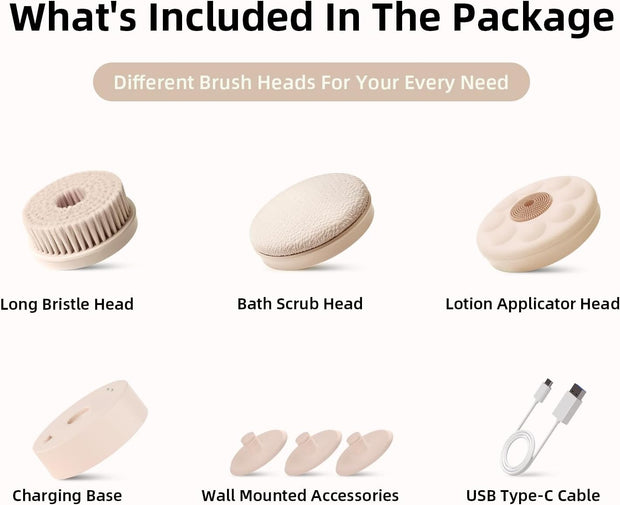 🛁 Electric Body Brush｜Waterproof, Dual-Handle, 3 Heads