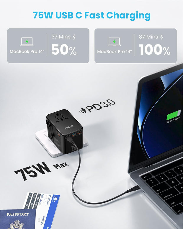 75W GaN Universal Travel Adapter (Black)