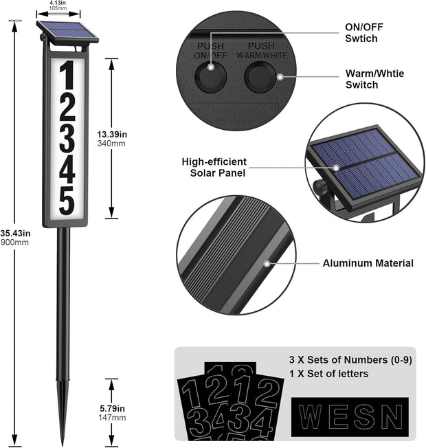 Solar Address Sign, House Numbers for Outside, Lighted Address Plaque Outdoor Waterproof, Illuminated LED Address Numbers for Yard Home