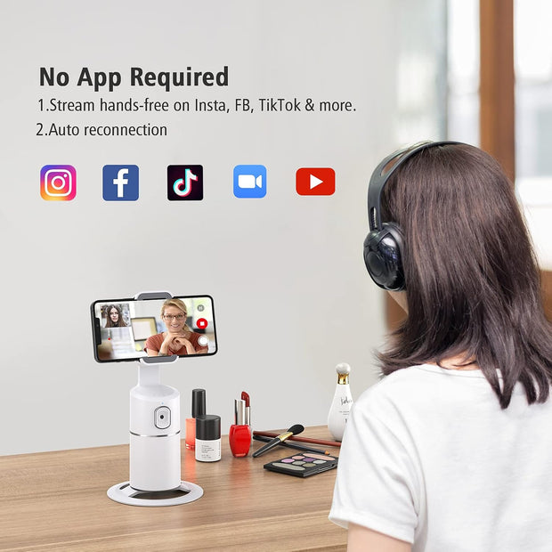 Auto Face Tracking Phone Holder, No App Required, 360° Rotation Face Body Phone Tracking Tripod Smart Shooting Camera Mount for Live Vlog Streaming Video, Rechargeable Battery-Black