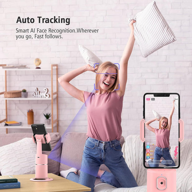 Auto Face Tracking Phone Holder, No App Required, 360° Rotation Face Body Phone Tracking Tripod Smart Shooting Camera Mount for Live Vlog Streaming Video, Rechargeable Battery-Black
