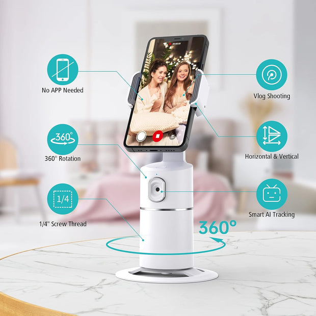 Auto Face Tracking Phone Holder, No App Required, 360° Rotation Face Body Phone Tracking Tripod Smart Shooting Camera Mount for Live Vlog Streaming Video, Rechargeable Battery-Black