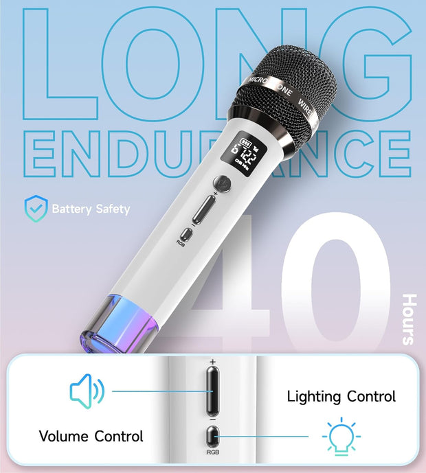 Wireless Microphones, Micorphone with One-to-One Chip Connection and LED Lights, 40H Duration, 200FT Range Receiving, Volume Control Karaoke Micorphone for Singing, Speech, Home Party, YouTube/Tiktok