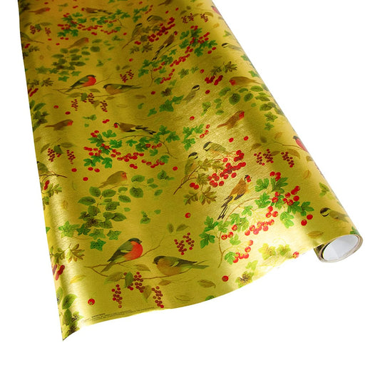 Winter Birds Gold Embossed Foil Gift Wrap - One 30" x 6' Roll