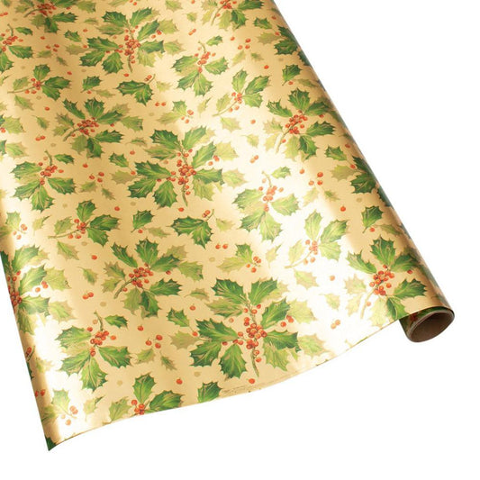 Gilded Holly Metallic Gift Wrapping Paper in Gold Foil - 30" x 6' Roll