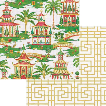 Christmas Pagodas Reversible Gift Wrapping Paper in White - 30" x 8' Roll